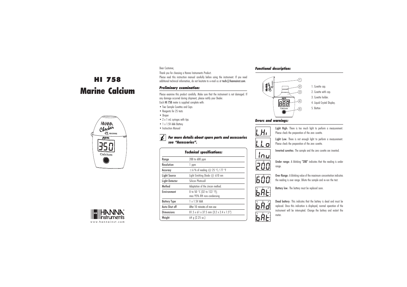 Hanna Instruments HI 758 User Manual | 2 pages