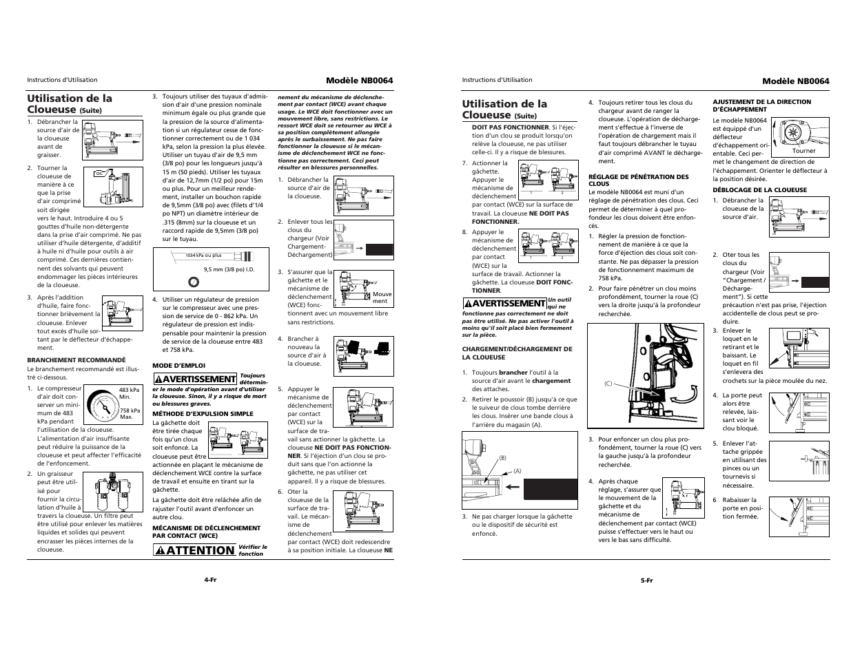 Campbell, Attention, Utilisation de la cloueuse | Campbell Hausfeld NB0064 User Manual | Page 12 / 24