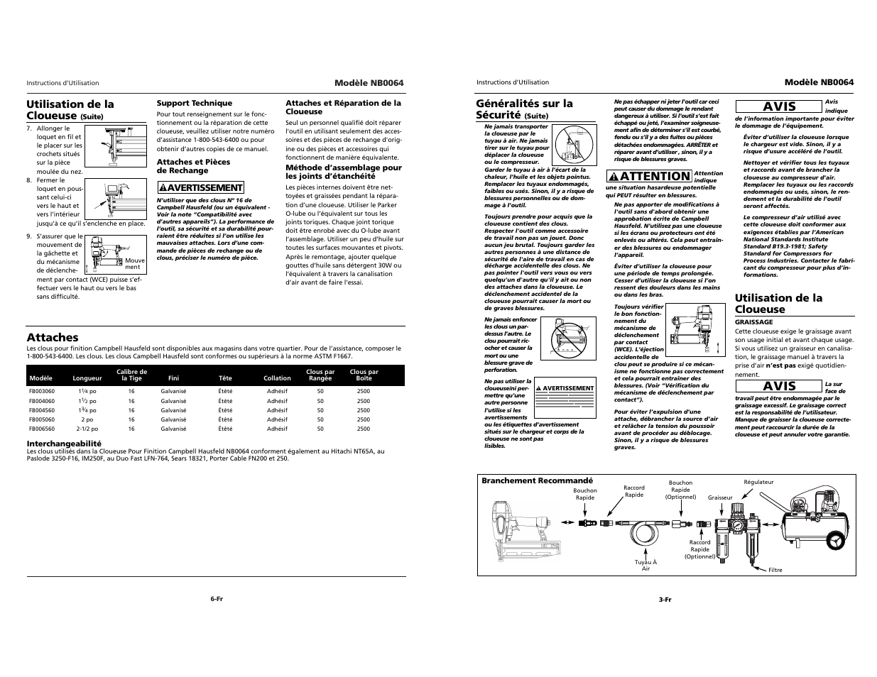 O i l, Avis, Attention | Attaches, Utilisation de la cloueuse, Généralités sur la sécurité | Campbell Hausfeld NB0064 User Manual | Page 14 / 24