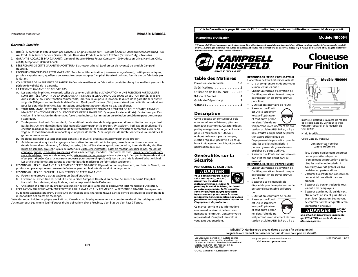 Cloueuse pour finition, Danger | Campbell Hausfeld NB0064 User Manual | Page 16 / 24