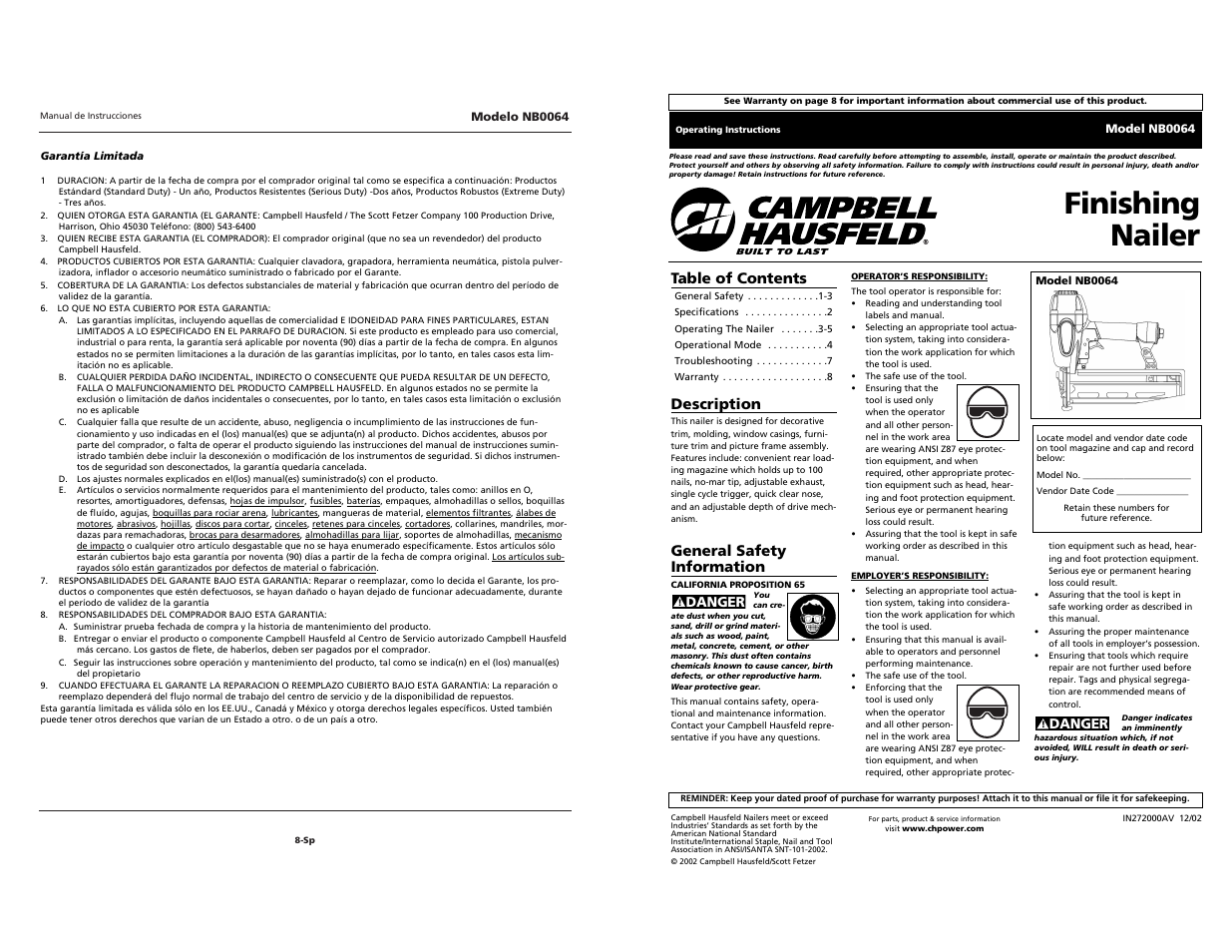 Finishing nailer | Campbell Hausfeld NB0064 User Manual | Page 24 / 24