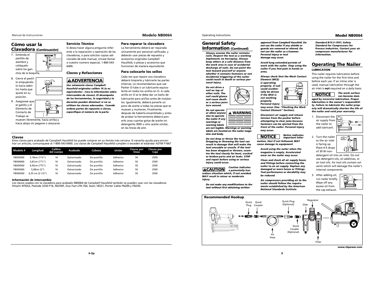 O i l, Cómo usar la clavadora, Advertencia | General safety information, Operating the nailer, Notice | Campbell Hausfeld NB0064 User Manual | Page 3 / 24