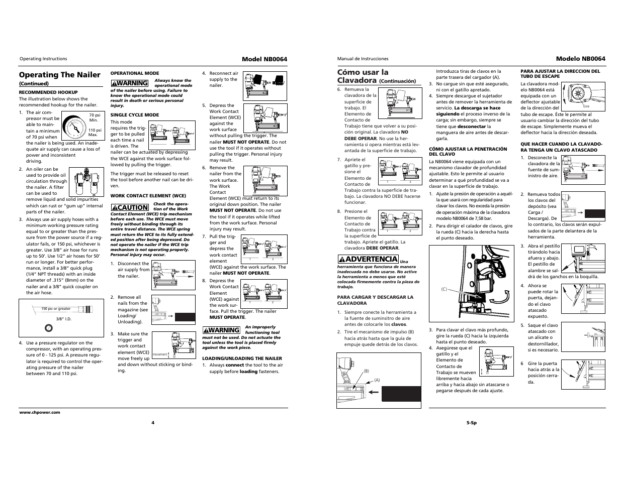 Campbell, Cómo usar la clavadora, Advertencia | Operating the nailer | Campbell Hausfeld NB0064 User Manual | Page 4 / 24