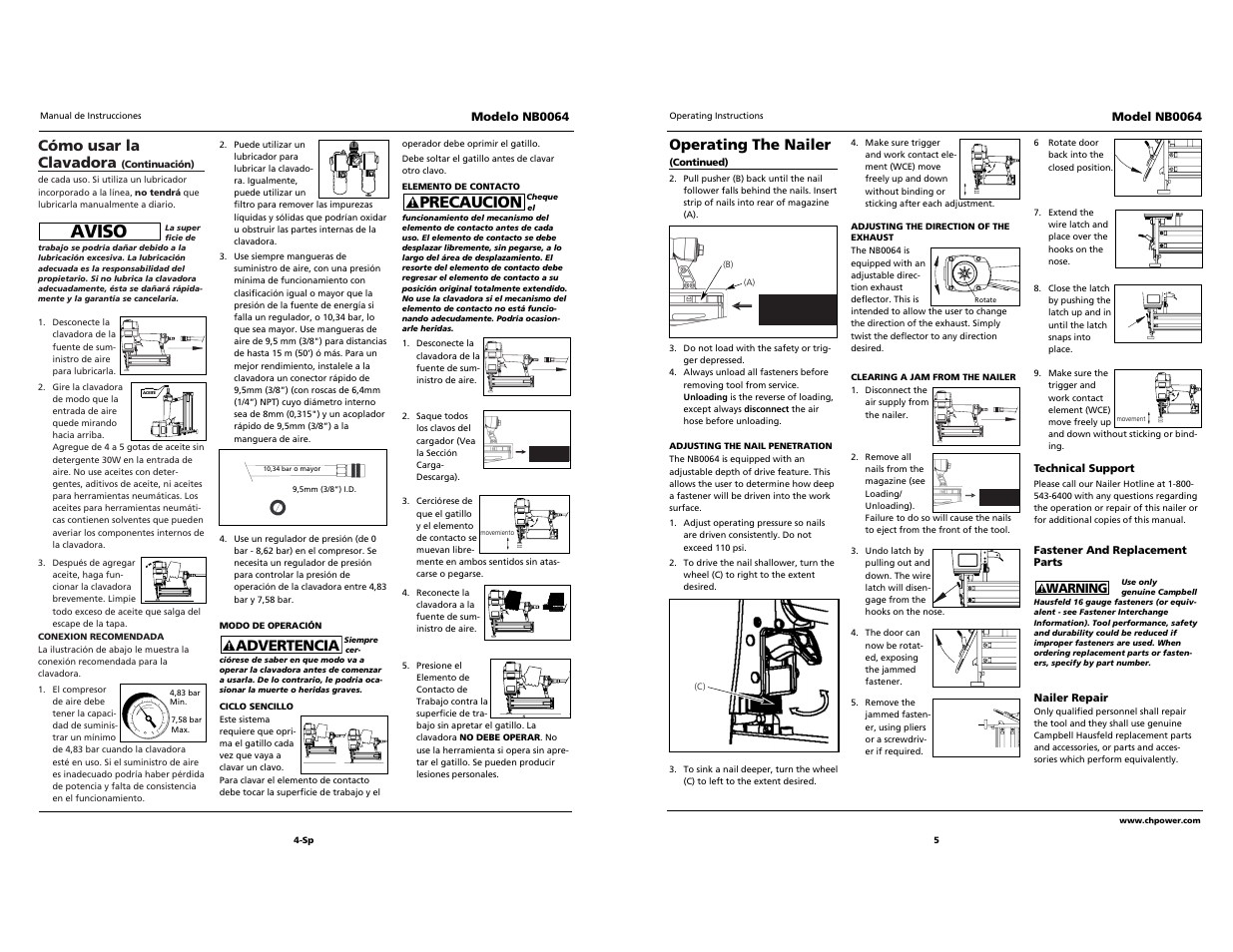 Aviso, Campbell, Precaucion | Cómo usar la clavadora, Advertencia, Operating the nailer | Campbell Hausfeld NB0064 User Manual | Page 5 / 24