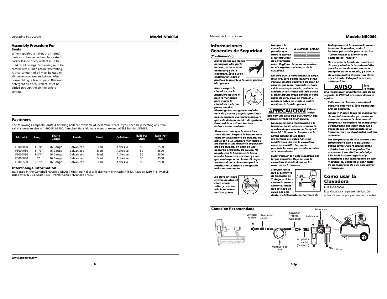 Aviso, O i l, Precaucion | Cómo usar la clavadora | Campbell Hausfeld NB0064 User Manual | Page 6 / 24