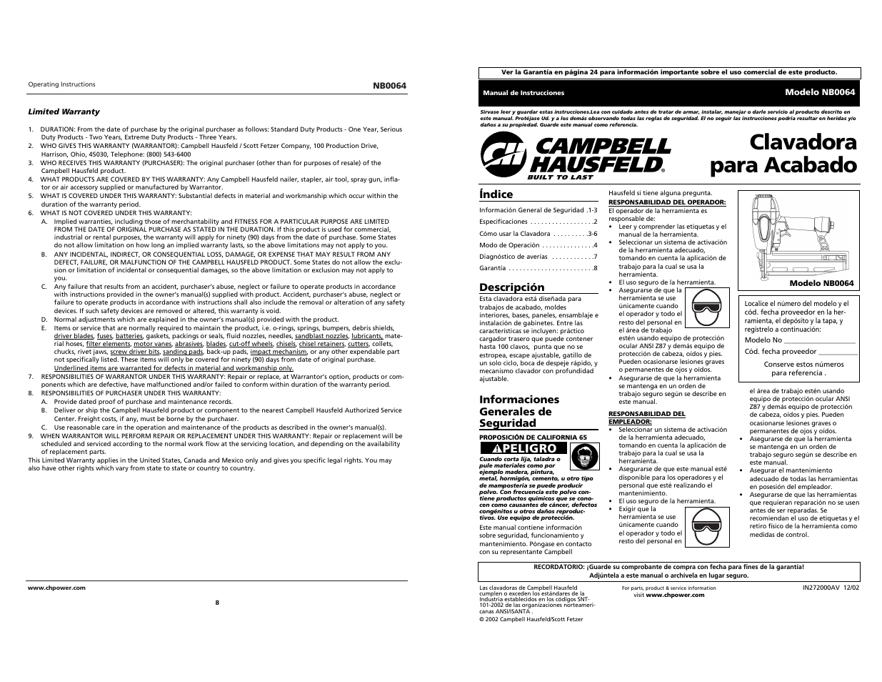 Clavadora para acabado, Peligro | Campbell Hausfeld NB0064 User Manual | Page 8 / 24