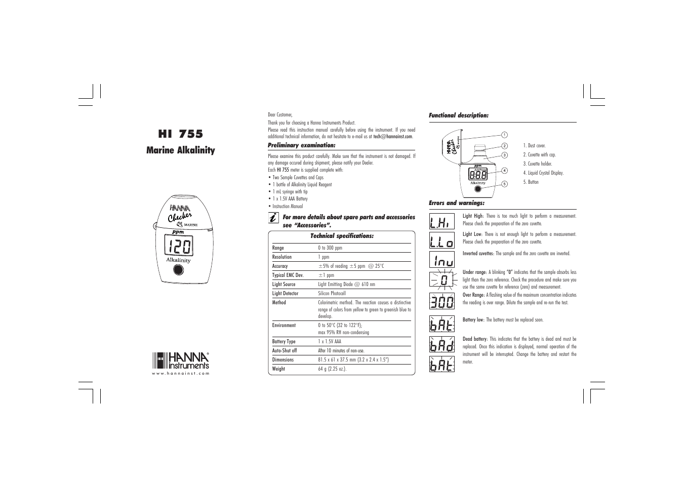 Hanna Instruments HI 755 User Manual | 2 pages