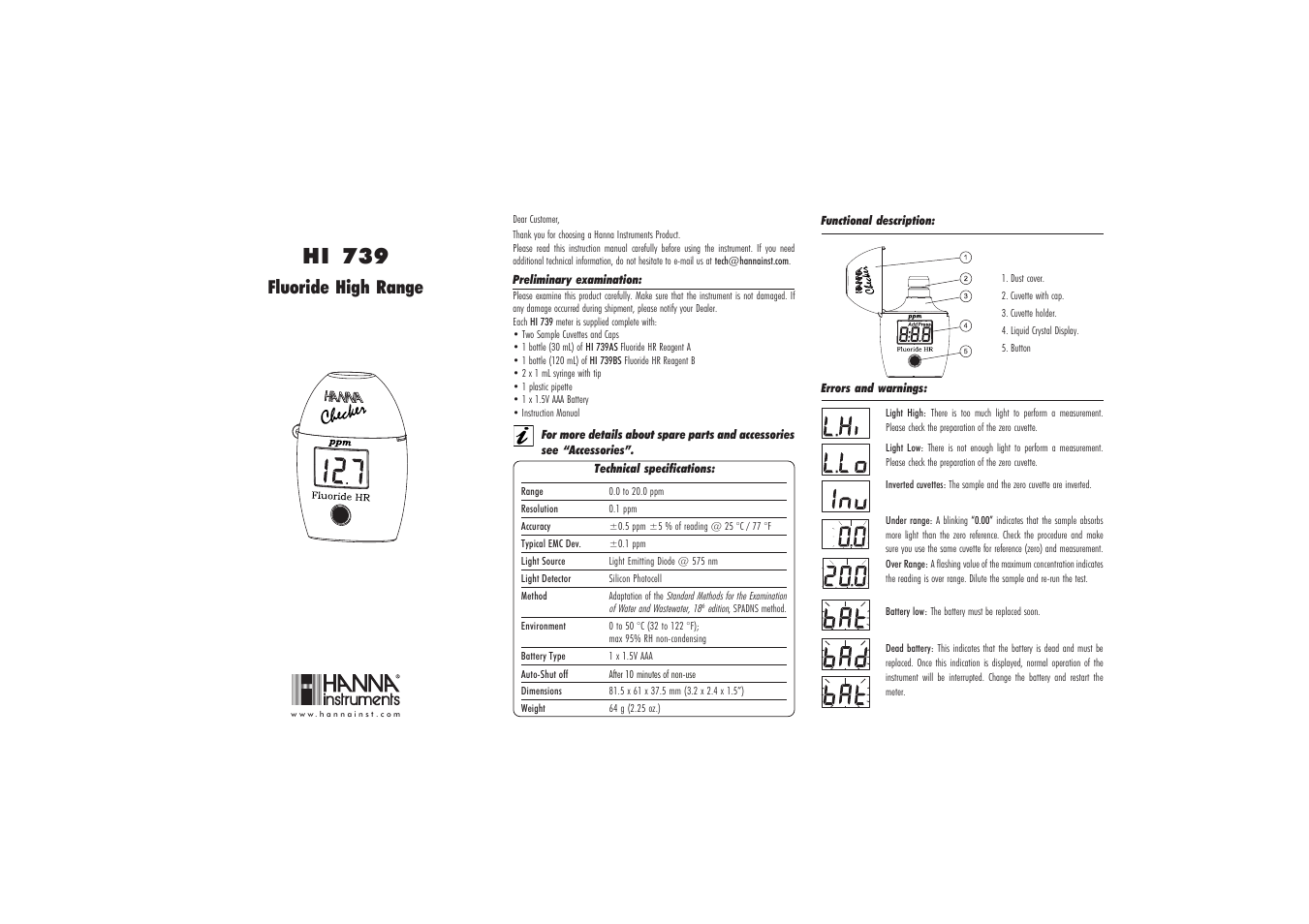 Hanna Instruments HI 739 User Manual | 2 pages