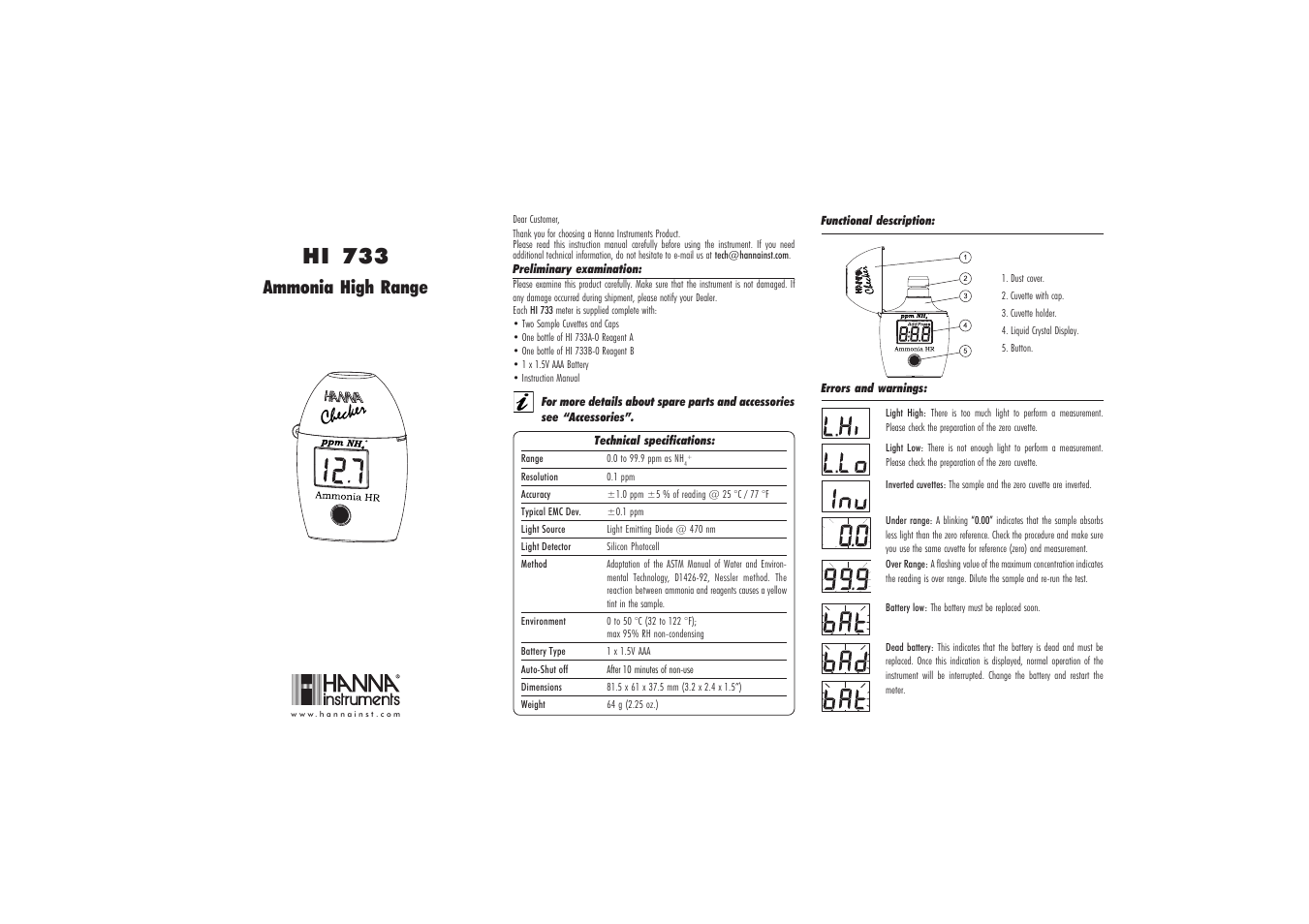 Hanna Instruments HI 733 User Manual | 2 pages