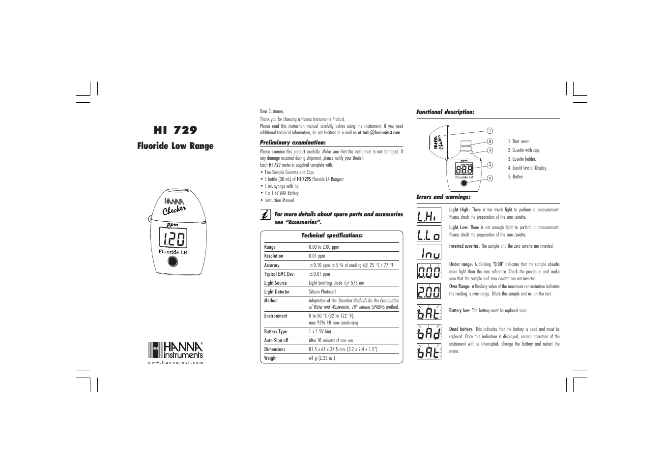 Hanna Instruments HI 729 User Manual | 2 pages