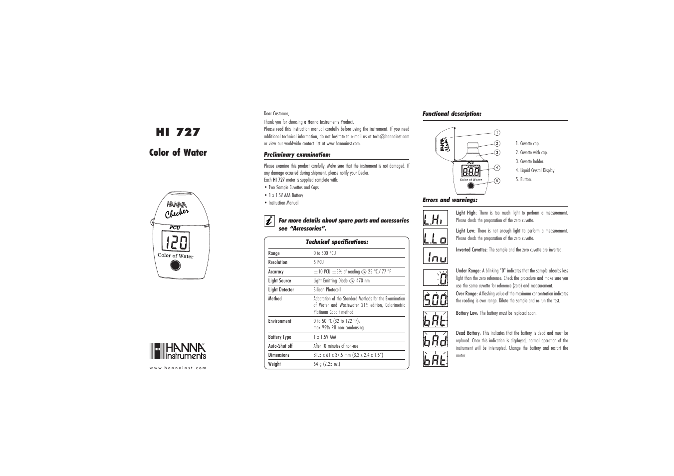 Hanna Instruments HI 727 User Manual | 2 pages