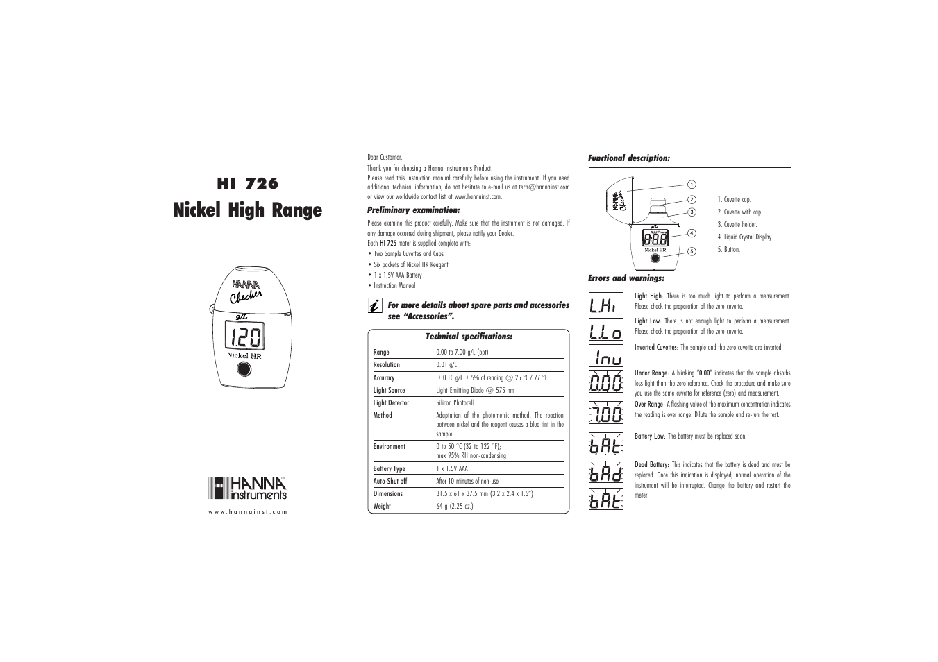 Hanna Instruments HI 726 User Manual | 2 pages