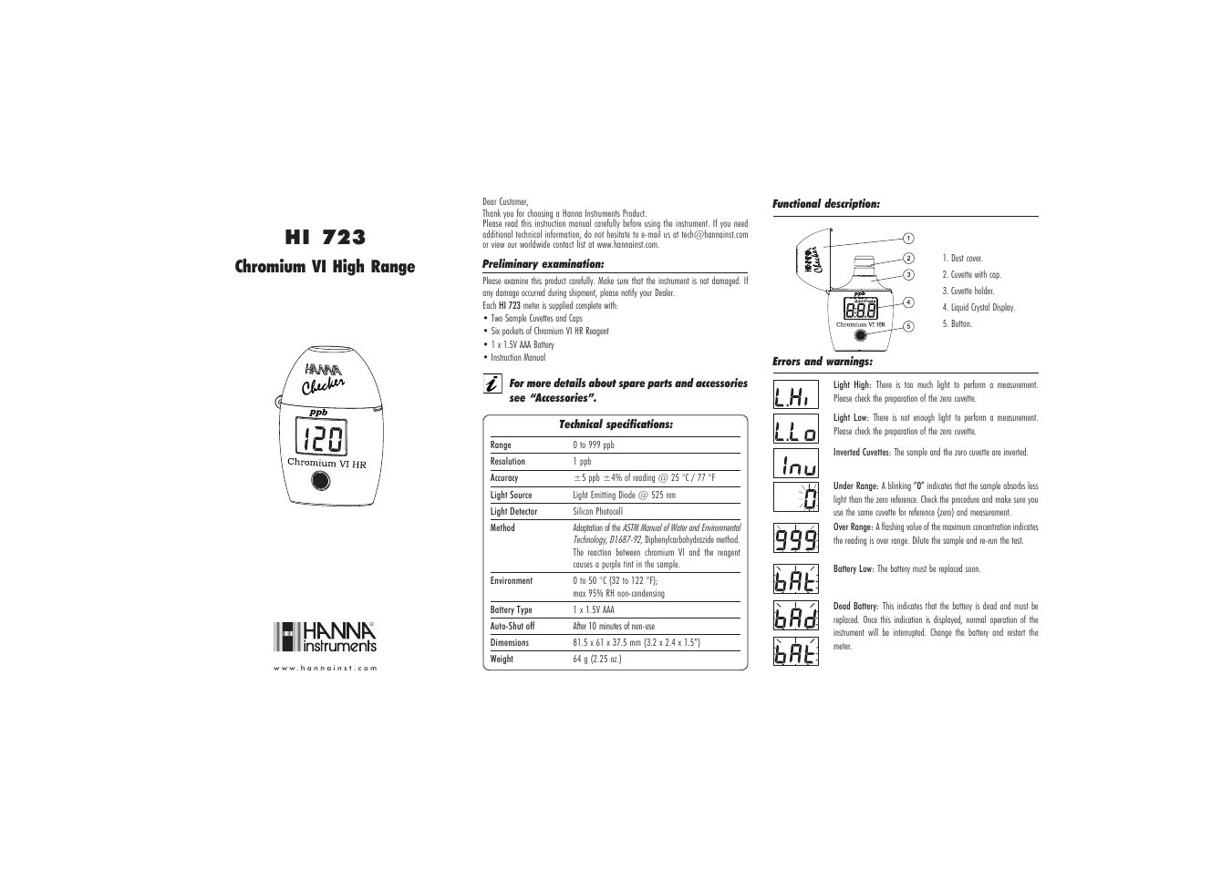 Hanna Instruments HI 723 User Manual | 2 pages