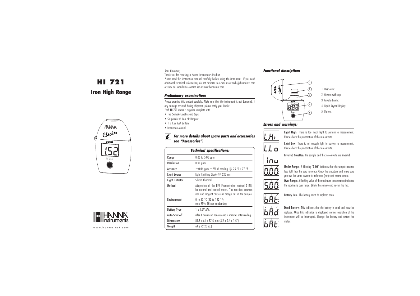 Hanna Instruments HI 721 User Manual | 2 pages
