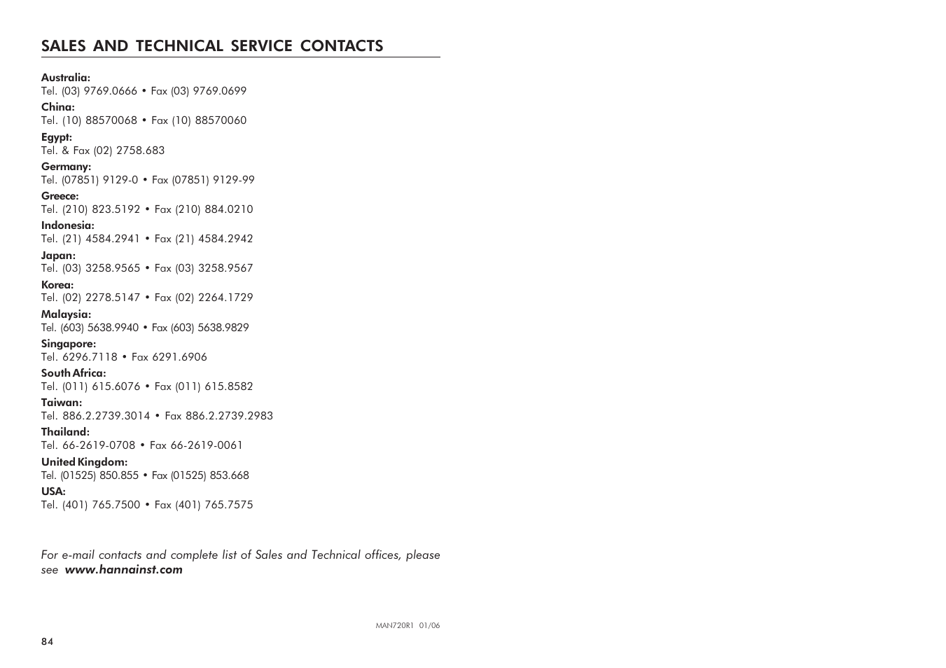 Sales and technical service contacts | Hanna Instruments HI 720 Series User Manual | Page 43 / 43