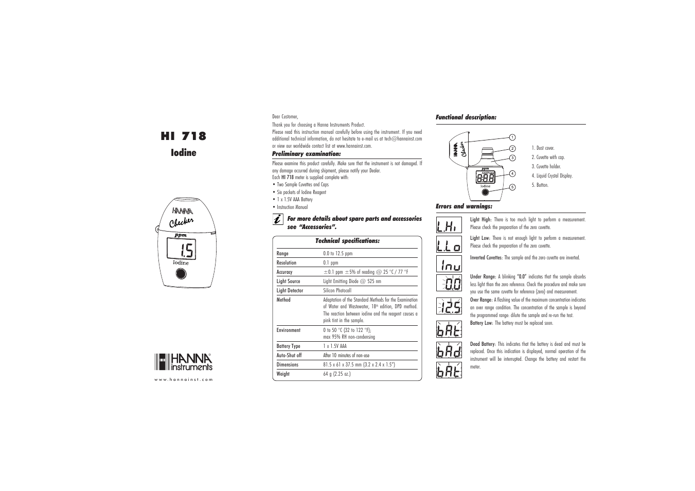 Hanna Instruments HI 718 User Manual | 2 pages