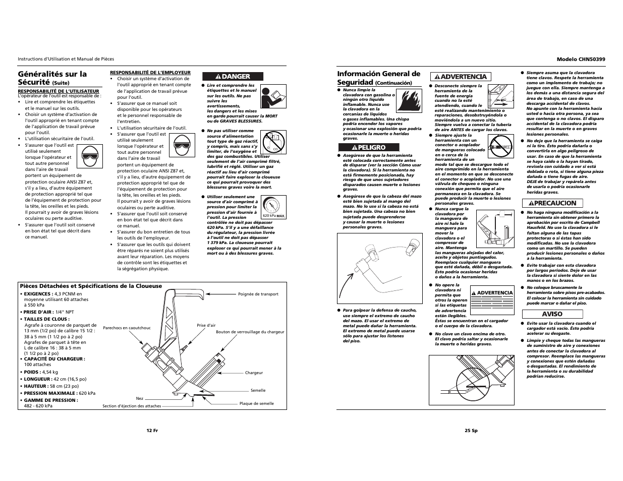 Généralités sur la sécurité, Información general de seguridad | Campbell Hausfeld CHN50399 User Manual | Page 12 / 18