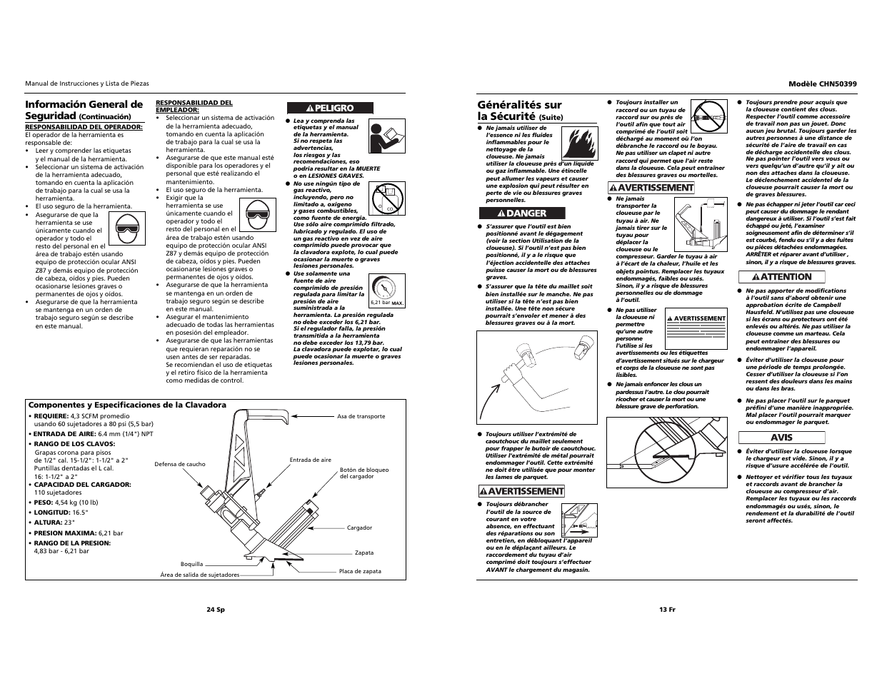 Généralités sur la sécurité, Información general de seguridad | Campbell Hausfeld CHN50399 User Manual | Page 13 / 18