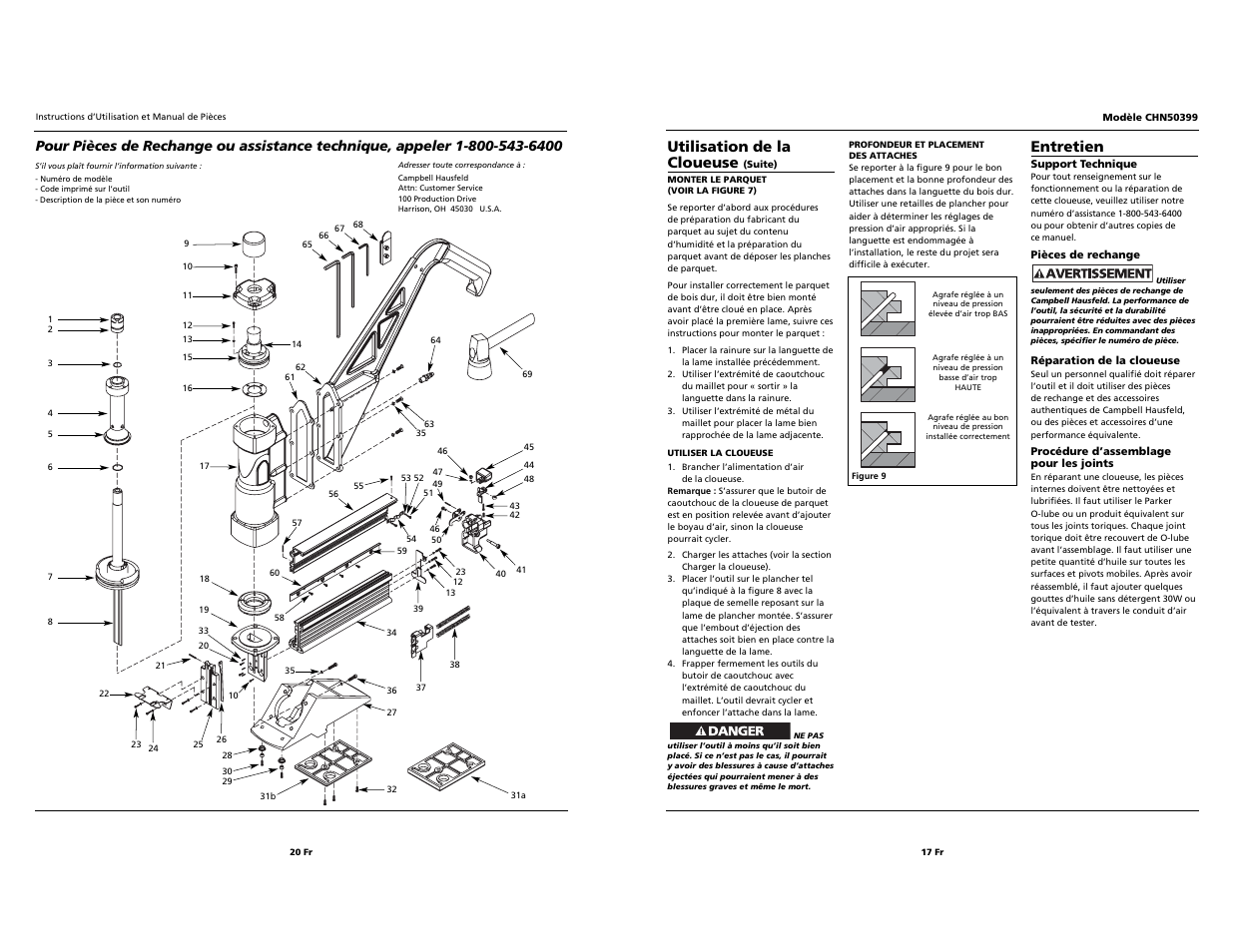 Utilisation de la cloueuse, Entretien | Campbell Hausfeld CHN50399 User Manual | Page 17 / 18