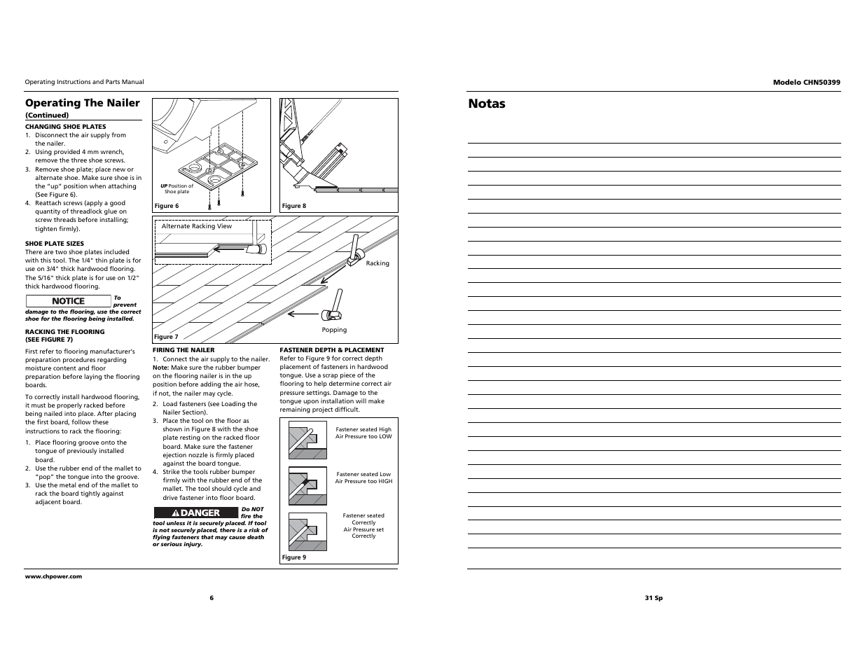 Notas, Operating the nailer | Campbell Hausfeld CHN50399 User Manual | Page 6 / 18