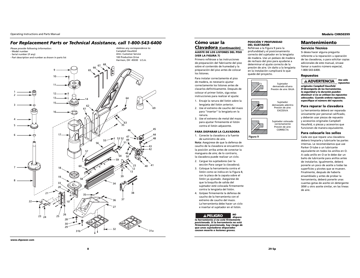 Cómo usar la clavadora, Mantenimiento | Campbell Hausfeld CHN50399 User Manual | Page 8 / 18