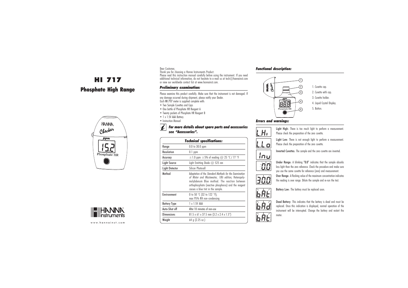 Hanna Instruments HI 717 User Manual | 2 pages