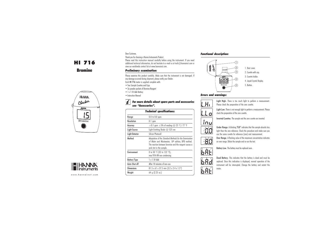 Hanna Instruments HI 716 User Manual | 2 pages