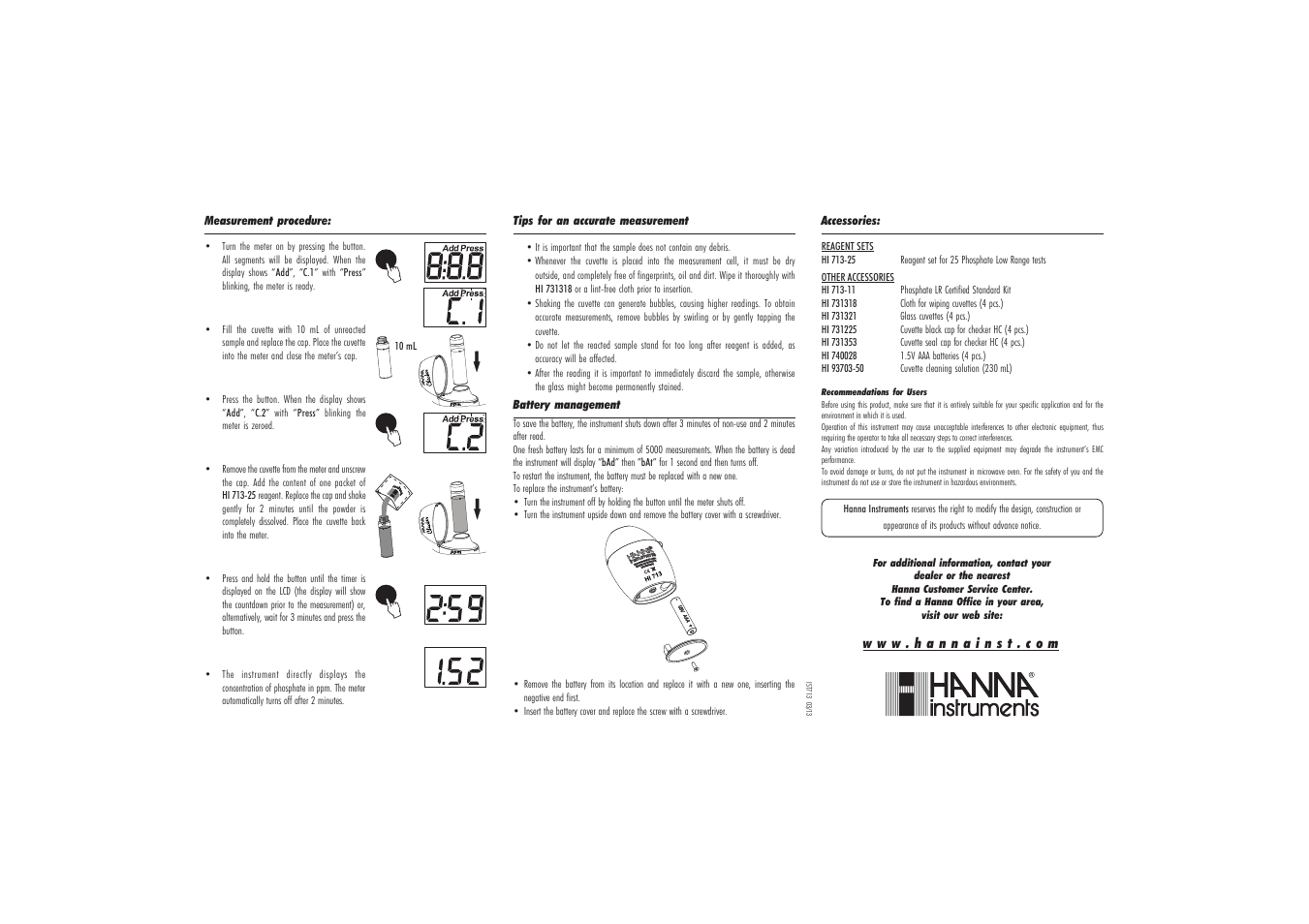 Hanna Instruments HI 713 User Manual | Page 2 / 2