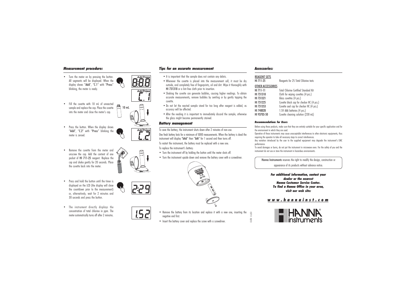 Hanna Instruments HI 711 User Manual | Page 2 / 2
