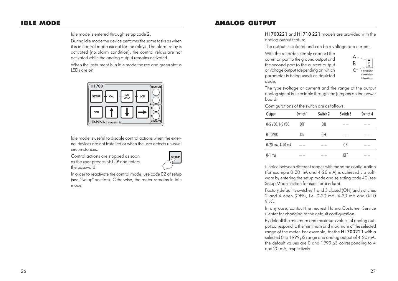 Analog output, Idle mode | Hanna Instruments HI 700 Series User Manual | Page 14 / 29