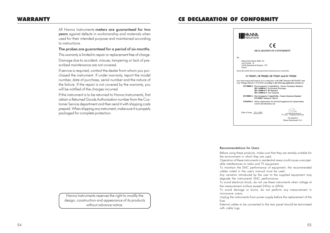 Ce declaration of conformity, Warranty | Hanna Instruments HI 700 Series User Manual | Page 28 / 29