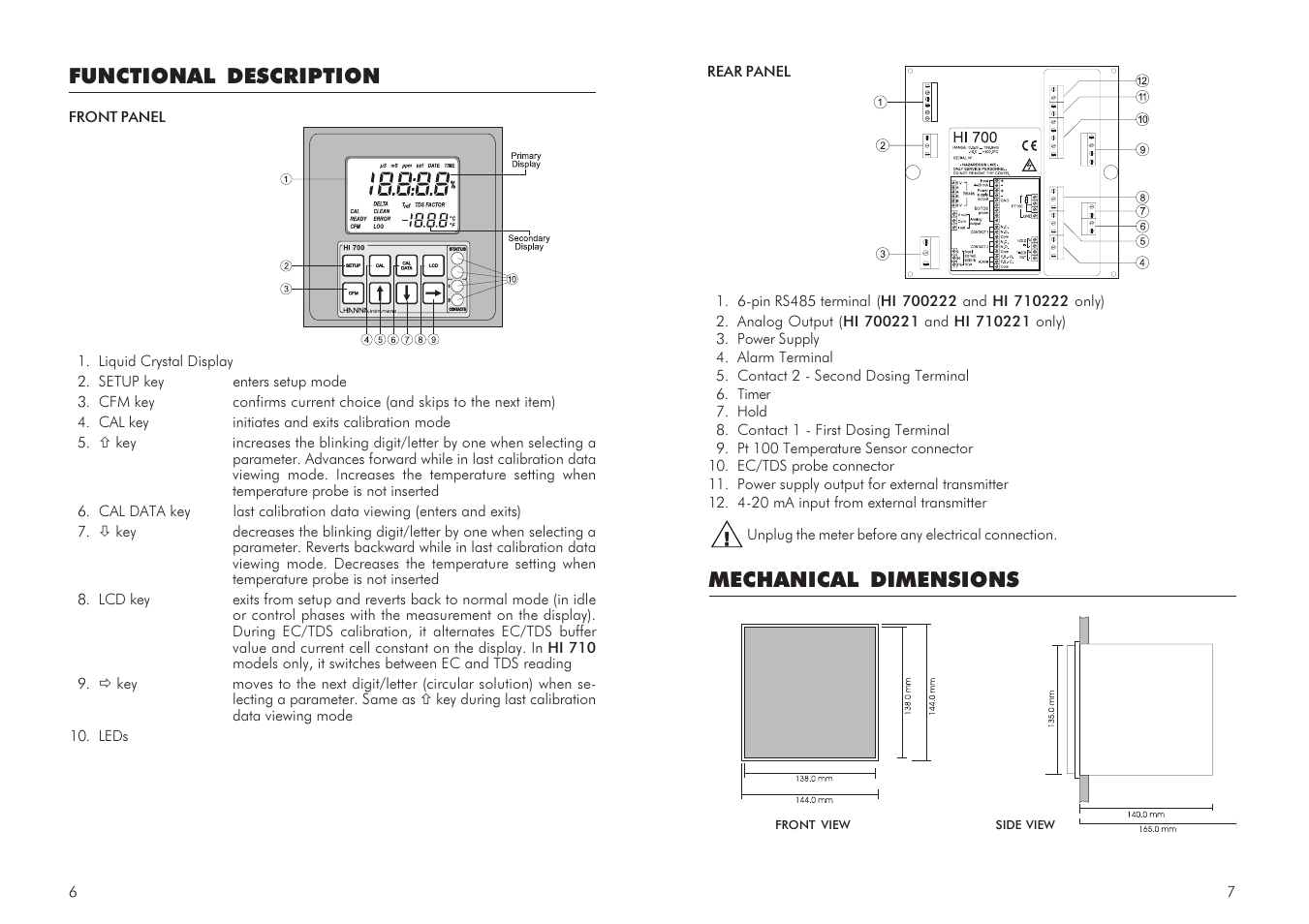 Mechanical dimensions, Functional description | Hanna Instruments HI 700 Series User Manual | Page 4 / 29