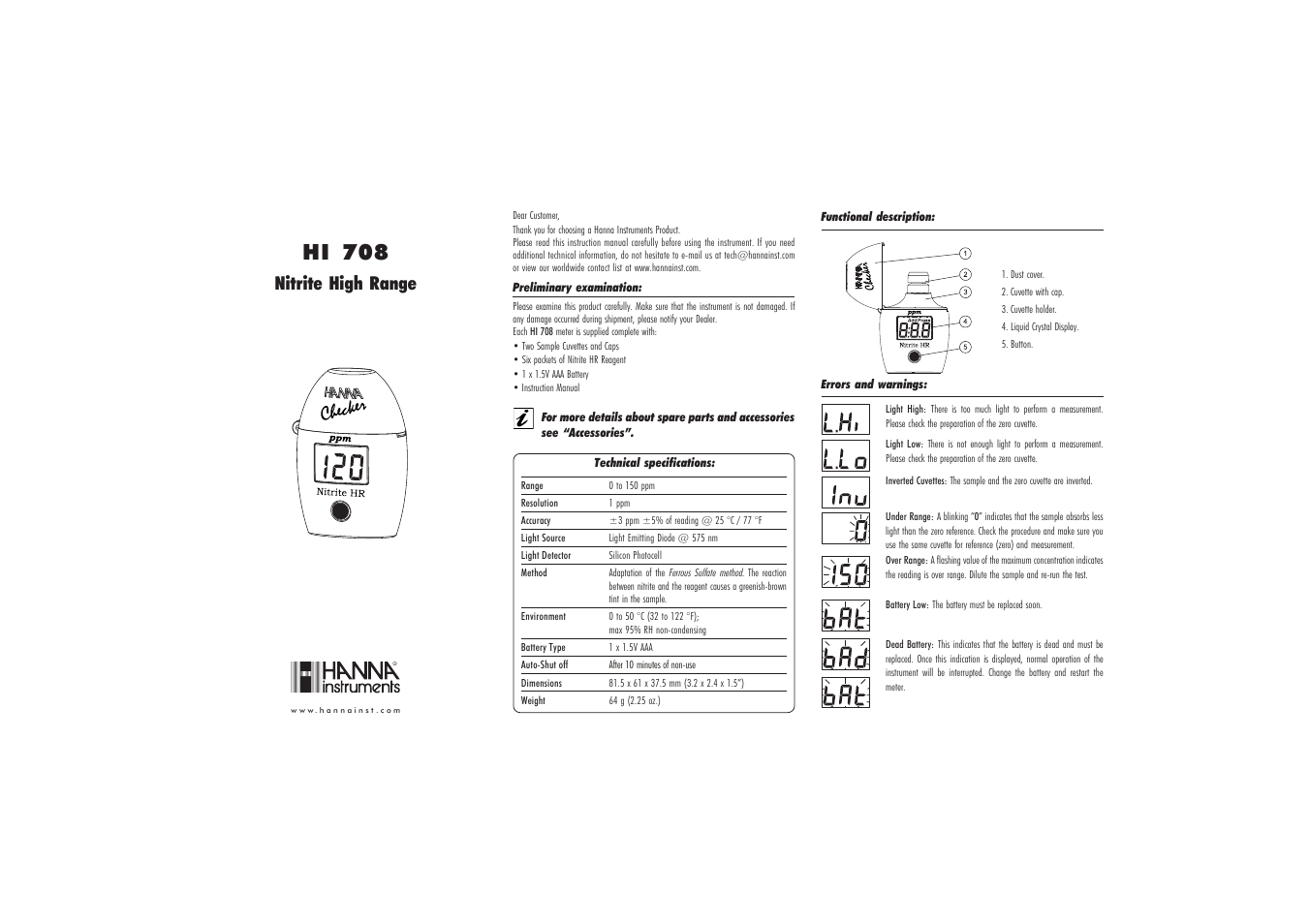 Hanna Instruments HI 708 User Manual | 2 pages