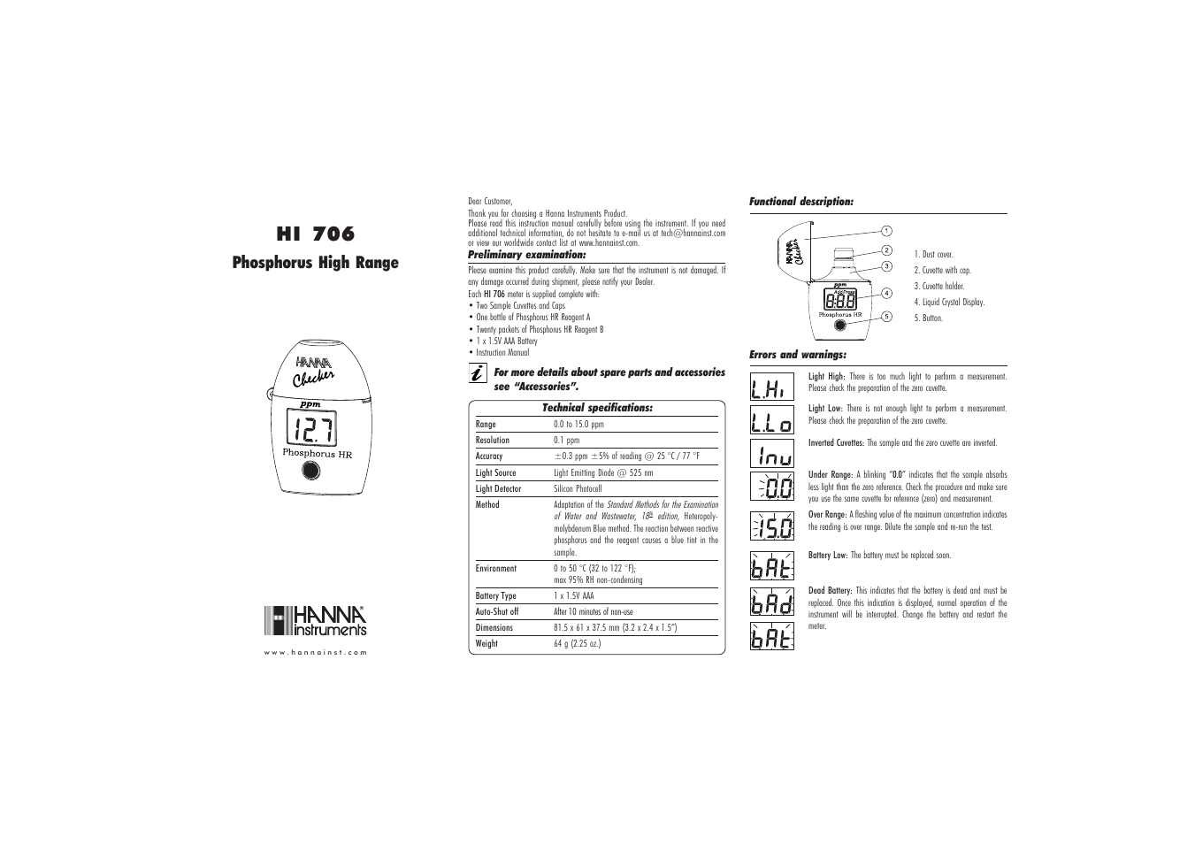 Hanna Instruments HI 706 User Manual | 2 pages