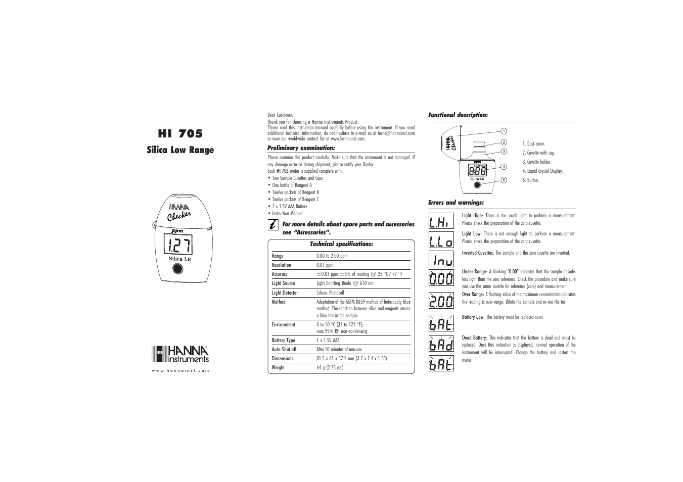 Hanna Instruments HI 705 User Manual | 2 pages