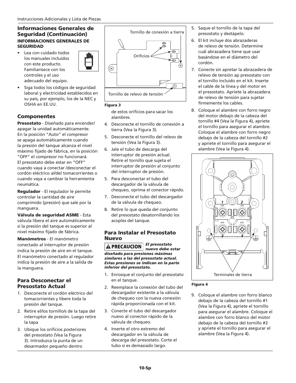 Para instalar el presostato nuevo, Componentes, Para desconectar el presostato actual | Campbell Hausfeld CW301400AJ User Manual | Page 10 / 12