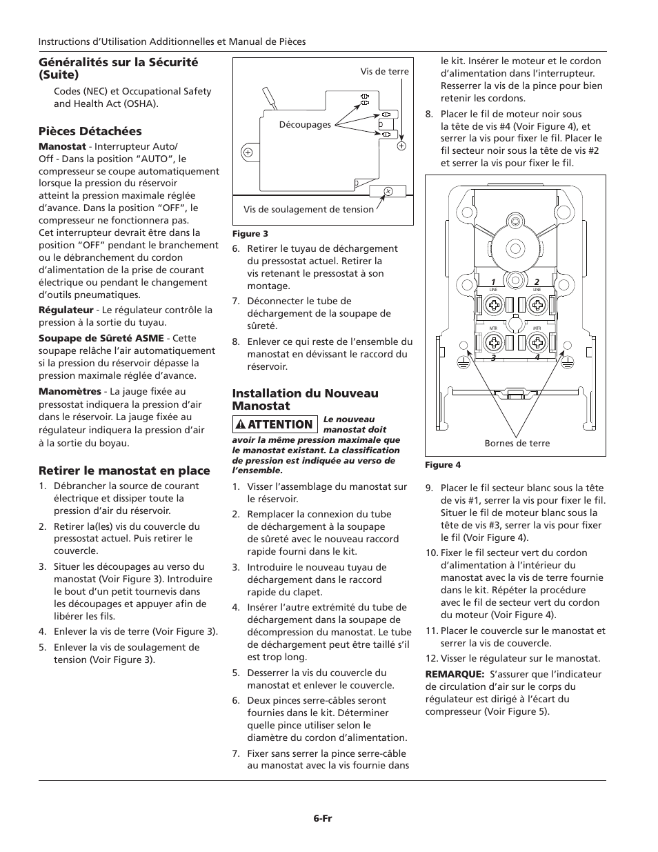 Pièces détachées, Retirer le manostat en place, Installation du nouveau manostat | Généralités sur la sécurité (suite) | Campbell Hausfeld CW301400AJ User Manual | Page 6 / 12