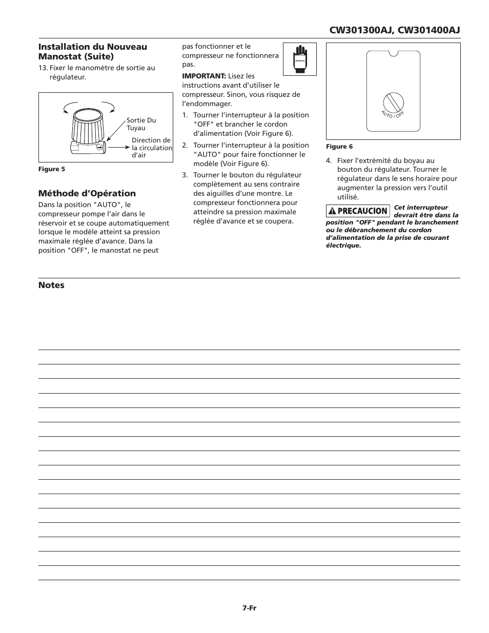 Méthode d’opération, Installation du nouveau manostat (suite) | Campbell Hausfeld CW301400AJ User Manual | Page 7 / 12