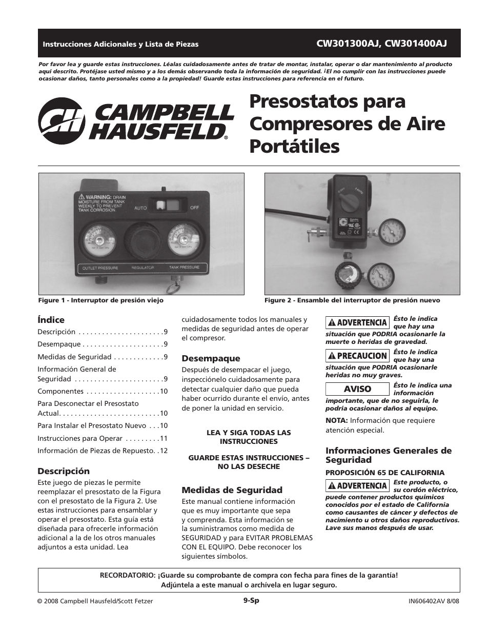 Presostatos para compresores de aire portátiles | Campbell Hausfeld CW301400AJ User Manual | Page 9 / 12