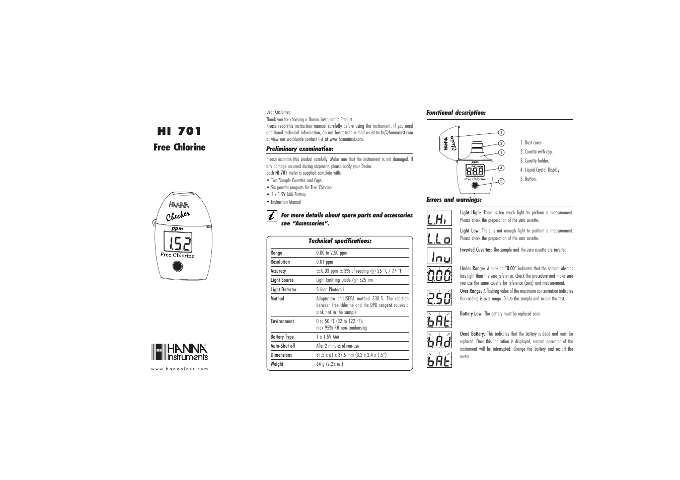 Hanna Instruments HI 701 User Manual | 2 pages
