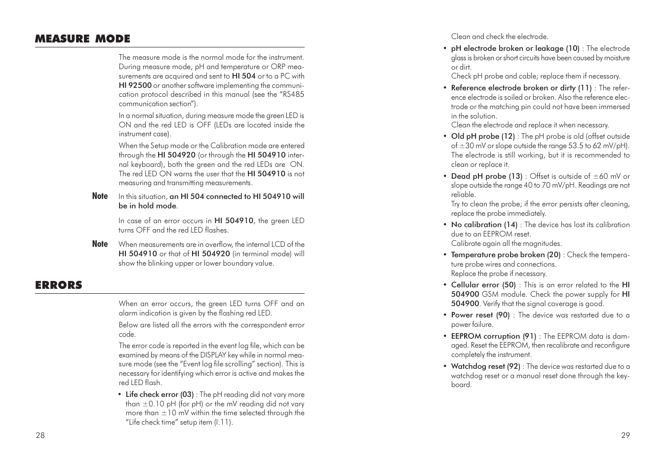 Measure mode, Errors | Hanna Instruments HI 504910 User Manual | Page 15 / 35