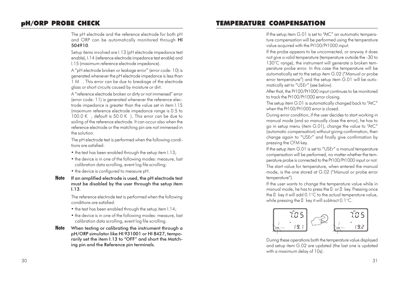 Temperature compensation, Ph/orp probe check | Hanna Instruments HI 504910 User Manual | Page 16 / 35