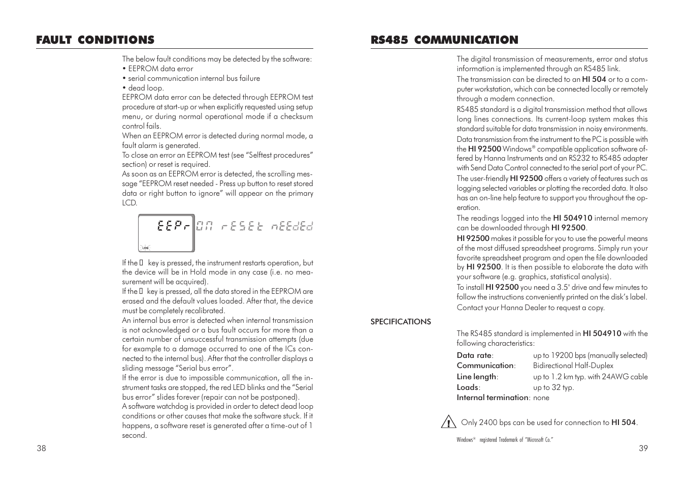Rs485 communication, Fault conditions | Hanna Instruments HI 504910 User Manual | Page 20 / 35