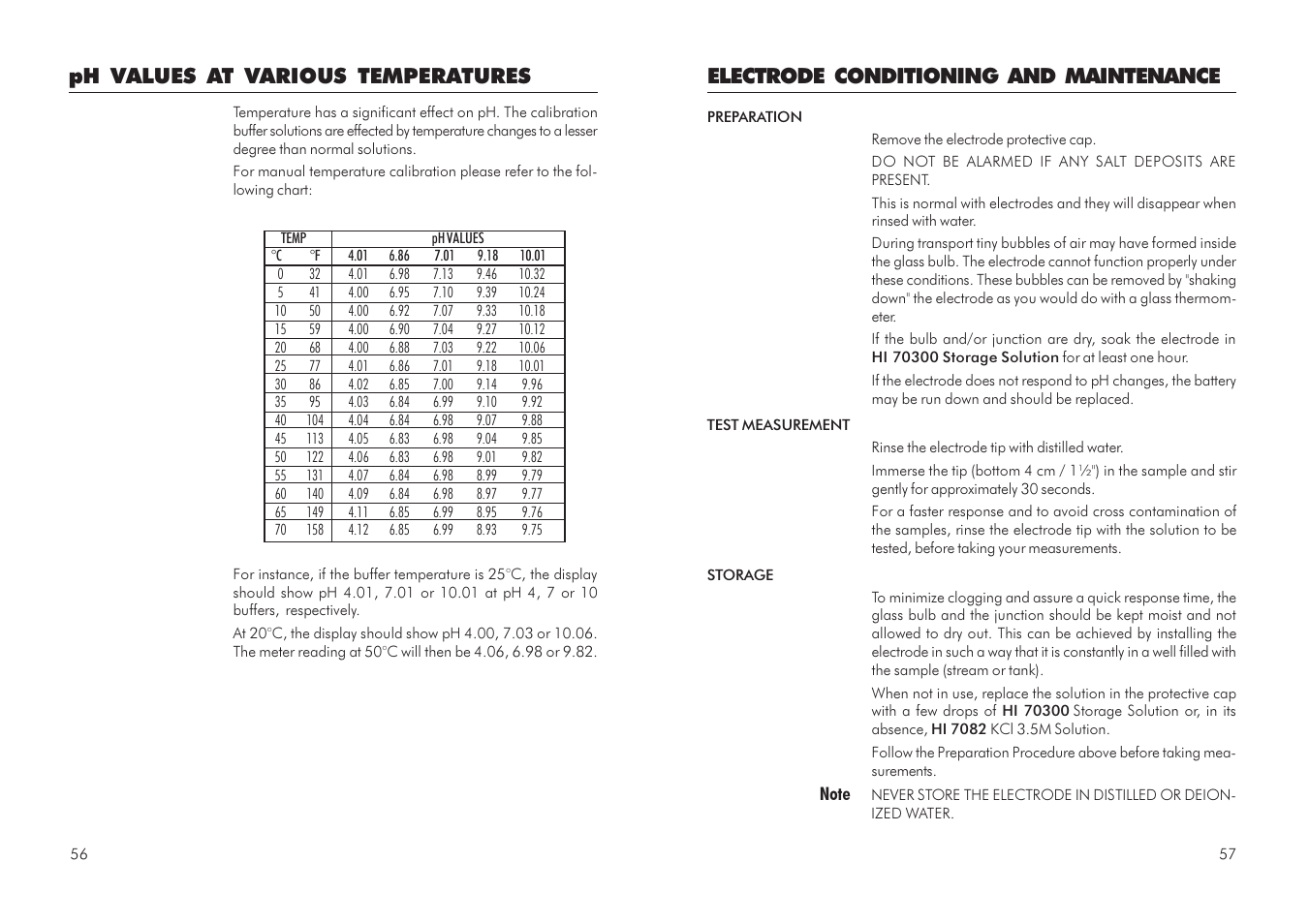 Electrode conditioning and maintenance, Ph values at various temperatures | Hanna Instruments HI 504910 User Manual | Page 29 / 35