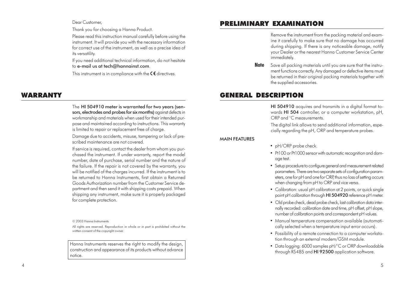 Preliminary examination, General description, Warranty | Hanna Instruments HI 504910 User Manual | Page 3 / 35