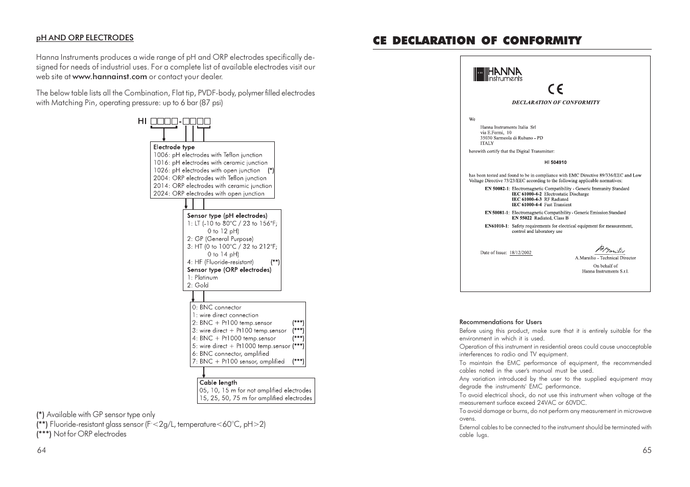 Ce declaration of conformity | Hanna Instruments HI 504910 User Manual | Page 33 / 35