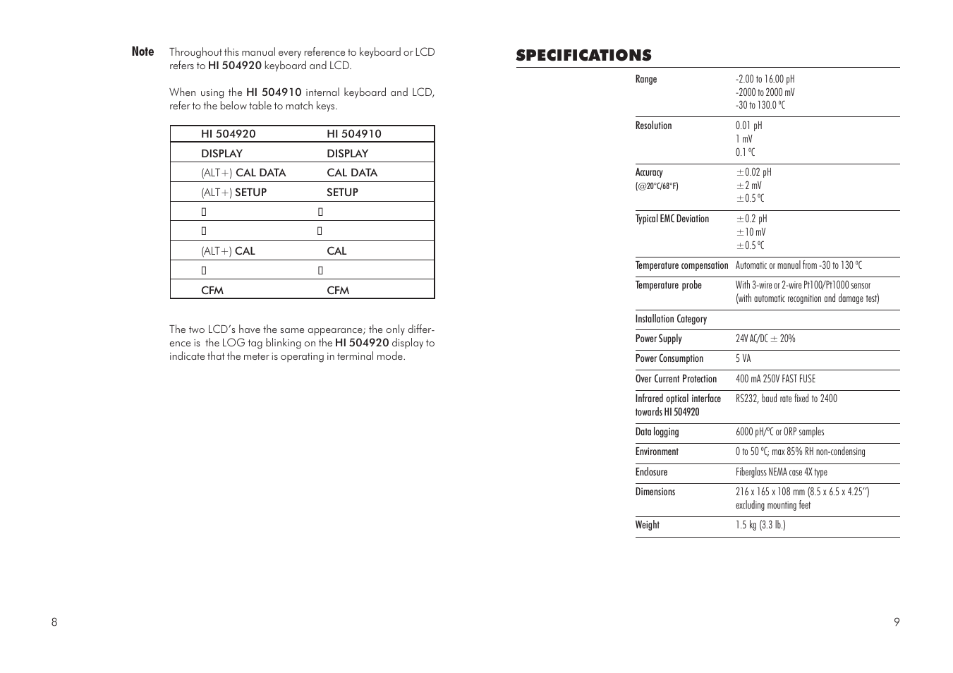 Specifications | Hanna Instruments HI 504910 User Manual | Page 5 / 35