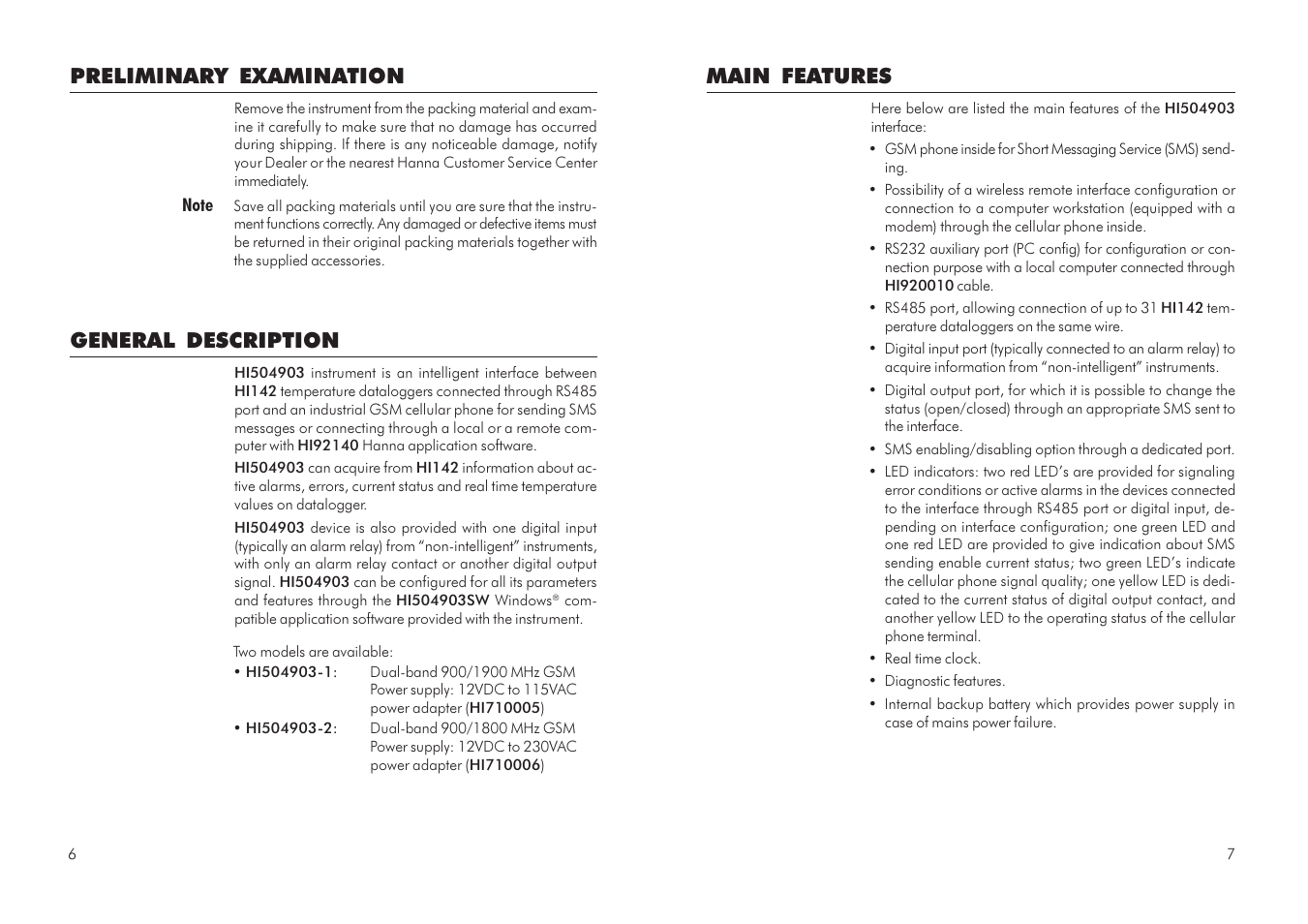 Main features, Preliminary examination, General description | Hanna Instruments HI 504903 User Manual | Page 4 / 31