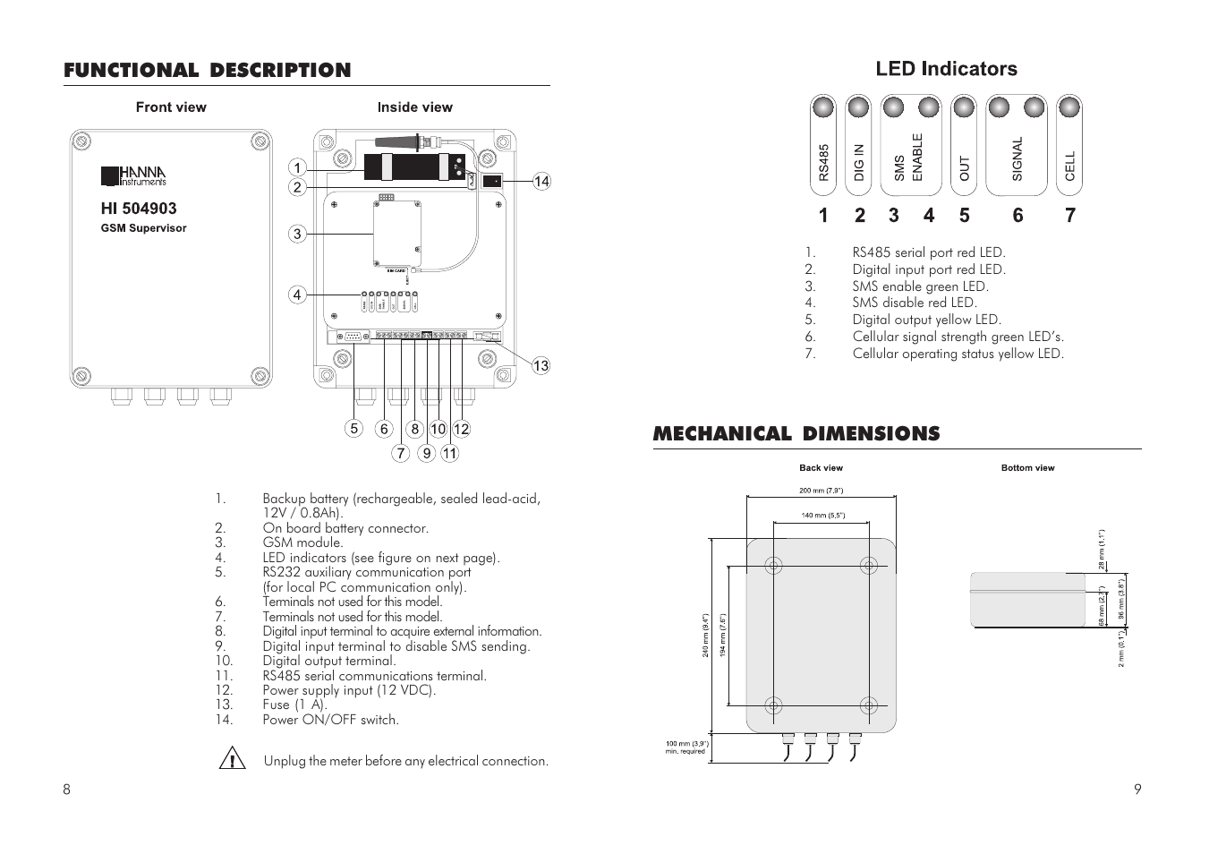 Mechanical dimensions functional description | Hanna Instruments HI 504903 User Manual | Page 5 / 31