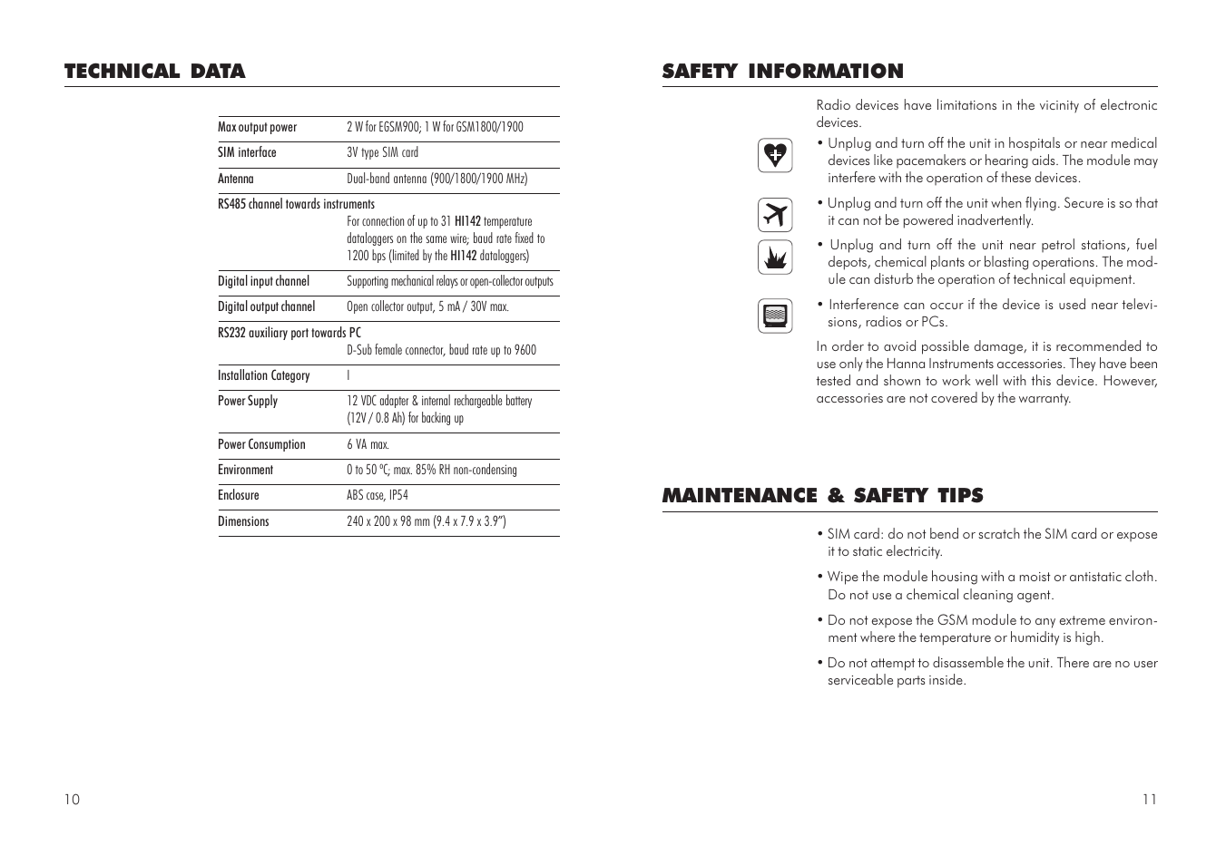 Technical data, Safety information, Maintenance & safety tips | Hanna Instruments HI 504903 User Manual | Page 6 / 31